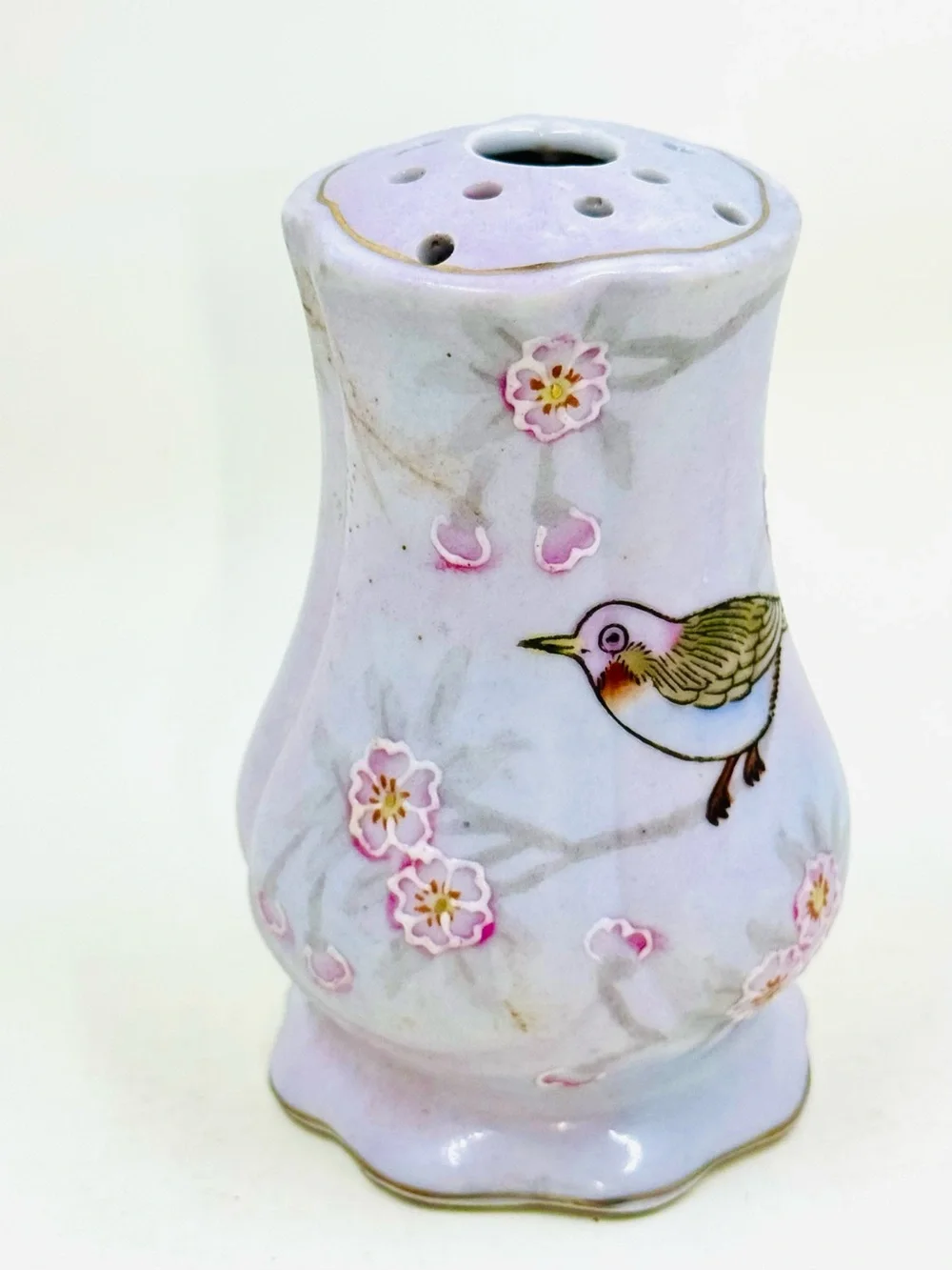 Vintage Porcelain Hand Painted Hat Pin Holder W/Bird & Cherry Blossoms 4”X2.25”